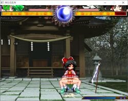 accurate_art_style balls black_hair bow closed_eyes cowgirl_pose cowgirl_position futa_on_female futadom green_hair m.u.g.e.n questionable_consent red_bow reimu_hakurei sanae_kochiya screencap screenshot sex shrine touhou touhou_project vagina vaginal_penetration