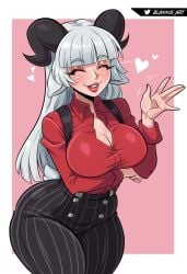 1girls animal_ears arm_under_breasts artist_name baphomet_(grizz) black_pants blannis_art blush border breasts cleavage closed_eyes cowboy_shot eyebrows eyelashes female_focus goat_ears goat_girl goat_horns goat_tail grin hand_up helltaker high-waist_pants horns huge_breasts lips lipstick long_hair long_sleeves makeup original pants pink_background pinstripe_pattern red_lips red_shirt shirt simple_background smile solo tail teeth thick_thighs thighs white_border white_hair wide_hips