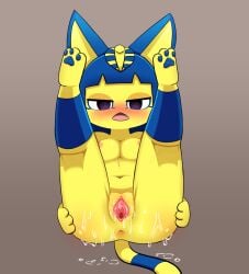 animal_crossing ankha_(animal_crossing) anus areola ass blue_accents blue_hair blush bodily_fluids breasts censor_removal_edit domestic_cat ears_up fangs feet felid feline felis female fur genital_fluids genitals hair hi_res hindpaw humanoid legs_up lying mammal navel nintendo nipples on_back open_mouth pawpads paws purple_eyes pussy solo spread_legs spread_pussy spreading sum tail teeth teeth_showing third-party_edit vaginal_fluids yellow_body