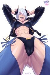 1girls abs angel_(kof) bare_thighs big_breasts blue_eyes clothed clothing color female female_focus female_only fit_female hi_res king_of_fighters large_breasts light-skinned_female light_skin looking_at_viewer muscles muscular muscular_female open_mouth short_hair solo solo_female tagme thick_thighs tongue_out white_hair whox