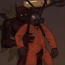 2boys boiler_suit bracken_(lethal_company) clothed clothing coveralls employee_(lethal_company) erection from_behind gay helmet humanoid lethal_company_(game) male male_only masked masked_male monster orange_jumpsuit precum_through_clothing standing stuck suspended suspended_in_midair