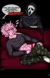 1girls abs crossover eastern_and_western_character female ghostface kjonn male masturbation mina_ashido muscles muscular_female my_hero_academia pink_hair sleeping