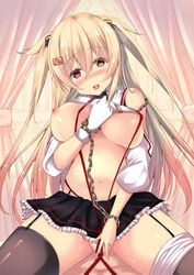 asymmetrical_legwear black_legwear black_skirt blonde_hair bouncing_breasts breasts brown_eyes censored chains cowgirl_position curtains eyebrows_visible_through_hair female frilled_skirt frills garter_straps gloves hair_flaps hair_ornament hairclip heart heterochromia highres indoors jewelry kantai_collection large_breasts long_hair murasame_(kantai_collection) pleated_skirt purunyara red_eyes remodel_(kantai_collection) ring single_glove skirt solo solo_focus thighhighs topless very_long_hair wedding_band white_gloves