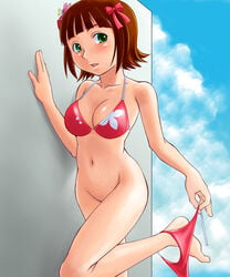 amami_haruka bikini bottomless bow breasts brown_hair female female_only green_eyes hairbow halter_top halterneck haruka_amami houman human idolmaster navel short_hair side-tie_bikini solo swimsuit undressing wet