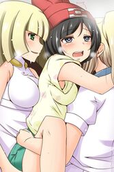 3girls aether_foundation bare_shoulders black_hair blonde_hair blue_eyes blush breasts clothed clothed_sex double_penetration eyelashes female female_only green_eyes hat heavy_breathing holding hug human human_only implied_sex leg_grab lillie_(pokemon) long_hair lusamine_(pokemon) milf mother mother_and_daughter nintendo nishi_koutarou offscreen_sex open_mouth pokemon pokemon_sm ponytail rape selene_(pokemon) shirt short_hair shorts sweat teamwork teeth threesome tongue trembling yuri