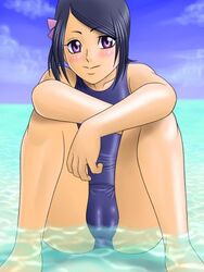 1girls 2007 2010 3:4 black_hair blush cameltoe female female_only haruka_kaminogi noein_(anime) one-piece_swimsuit purple_eyes short_hair swimsuit water