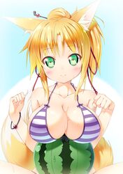 animal_ear_fluff animal_ears bare_shoulders big_breasts bikini blonde_hair blush bra bracelet breasts bust cat_ears cat_pose cleavage clothes collarbone dog_days eyebrows_visible_through_hair female food fruit green_eyes hair hair_ornament hi_res horizontal-striped_bra horizontal_stripes ichi_makoto jewelry kazuma_(kazumav) looking_at_viewer ponytail purple_stripes sideboob smile solo striped_bikini striped_bra striped_swimsuit stripes swimsuit tied_hair tight_clothes underwear watermelon wet white_stripes yukikaze_panettone