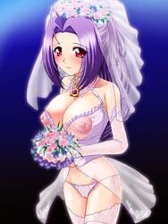 areola areolae azusa_miura bouquet breasts dress flower idolmaster large_breasts lingerie lock miura_azusa nakano_kinzan nipples padlock panties see-through side-tie_panties thighhighs underwear veil wedding_dress