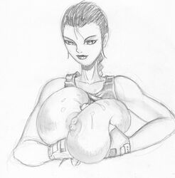 1boy 1girls alternate_breast_size arcticwinds big_breasts black_and_white breasts cum cum_between_breasts cum_on_breasts ejaculation_between_breasts female huge_breasts lara_croft lara_croft_(classic) large_breasts male monochrome paizuri penis sketch straight tagme tomb_raider unseen_male_face