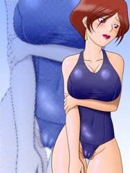 1girls 2007 2010 3:4 big_breasts blush breasts brown_hair cameltoe earrings female female_only huge_breasts large_breasts lipstick noein_(anime) one-piece_swimsuit pubic_hair purple_eyes red_lips red_lipstick ryoko_uchida short_hair swimsuit