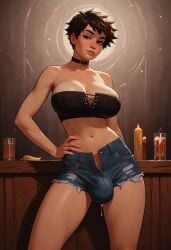 ai_generated bar beer broskybro brown_hair bulge busty choker cum_drip cum_through_clothes denim_shorts freckles futanari hand_on_hip light-skinned_futanari precum precum_drip seductive shorts tomboy unbuttoned unbuttoned_shorts unzipped unzipped_shorts white_futanari