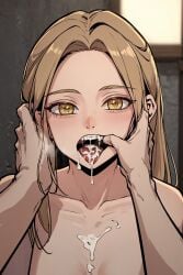 ai_generated blonde_hair ceremon_vaughan cum cum_in_mouth cum_on_body cum_on_tongue hero_killer mouth open_mouth open_mouth rachel_sinclair semen semen_in_mouth visible_breath webtoon yellow_eyes