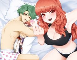 1boy 1girls after_sex alm_(fire_emblem) bangs bare_midriff bare_thighs bed black_panties breasts celica_(fire_emblem) cleavage dakimakura_(object) exhausted female finger_heart fire_emblem fire_emblem_echoes:_shadows_of_valentia gesture green_eyes green_hair heart incognigoat large_breasts long_hair looking_at_viewer male midriff nintendo on_bed open_mouth orange_eyes orange_hair panties pillow pillow_between_legs pillow_grab pillow_hug short_hair smile tank_top thick_thighs thighs underwear