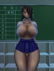 1girls big_breasts black_eyes butt_cheeks dark_circles dark_skin female gray_hair milf original original_artwork original_character pussy revealing_clothes school_uniform tan_skin thick_thighs