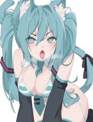 all_fours cat_ears cat_girl fangs hatsune_miku hatsune_miku_(collared_bikini) large_breasts meme meme_attire sweatdrop swirly_eyes thick_thighs tongue_out unamused v-shaped_eyebrows vocaloid wide_hips