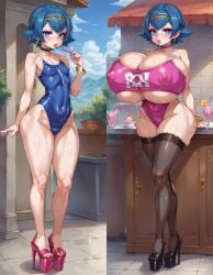 1girls ai_generated before_and_after bimbo bimbofication breasts covered_nipples erect_nipples female full_body gigantic_breasts high_heels highleg hourglass_figure huge_breasts lana_(pokemon) nintendo one-piece_swimsuit otace platform_heels pokemon puckered_lips slim_waist small_breasts solo swimsuit thick_thighs thighhighs toned_female underboob wide_hips