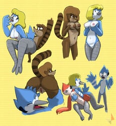 anthro anus areola ass avian barbera_(regular_show) bird blonde_hair blue_jay breast_grab breasts brown_hair cartoon_network casual claws closed_eyes corvid d-rock drockdraw female hair half-closed_eyes hand_on_breast hi_res hilary_(regular_show) looking_back male mammal margaret_smith_(regular_show) mature_female mordecai's_mom mordecai_(regular_show) multiple_positions navel nipples non-mammal_breasts nude open_mouth presenting presenting_breasts presenting_hindquarters pussy raccoon raised_tail rear_view regular_show rigby's_mom rigby_(regular_show) robin_(bird) seductive simple_background smile smirk straight teeth thick_thighs toe_claws tongue yuri