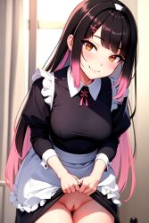 1girls ai_generated alufliniy big_breasts blush breasts brown_hair exposed_pussy flashing flashing_pussy hana_yomeguri indoors long_hair looking_at_viewer maid maid_uniform multicolored_hair orange_eyes pink_hair pussy solo_female tagme thighs upskirt virtual_youtuber vtuber youtube