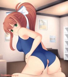 animated big_ass blush buttjob doki_doki_literature_club eroneko eroneko-senpai faceless_male gif live2d looking_back loop looping_animation monika_(doki_doki_literature_club) ring smiling swimsuit