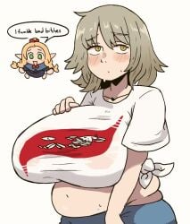 2girls big_belly big_breasts blonde_hair blush blush_lines breasts chibi chubby chubby_female clothed_female doodle dungeon_meshi elf english_text falin_touden funny huge_breasts light-skinned_female marcille_donato meme notnoe_(dxcl) platinum_blonde_hair sweat text text_bubble white_background yellow_eyes