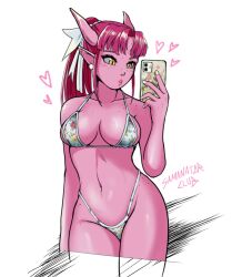 1girls amber_(samanator_club) bikini cellphone cowboy_shot duckface earrings female flower_print flower_print_bikini flower_print_bra flower_print_panties freckles hearts_around_head horns phone pink_hair pink_skin pointy_ears samanator_club selfie solo standing taking_selfie thong yellow_eyes