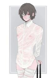 1boy 1male arms_behind_back bandage bandage_on_face bandaged_eye bandaged_thigh blush boy brown_hair bsd bungo_stray_dogs bungou_stray_dogs cute cute_boy cute_male dazai_osamu feminine_male holding_tie male male_only nipple_piercing nipples_visible_through_clothing no_sex osamu_dazai pale pale-skinned_male pale_skin red_eyes shy shy_smile smile solo solo_focus twink wet wet_clothes wet_clothing wet_shirt