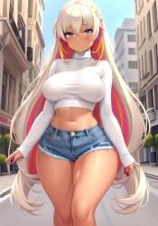 ai_generated big_breasts blue_eyes crop_sweater crop_turtleneck denim_shorts gyaru huge_hips huge_thighs long_hair multicolored_hair slutty_clothing slutty_outfit sweater tanned tanned_girl tight_sweater turtleneck turtleneck_sweater very_long_hair wide_hips zarazin