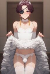 1boy 1femboy ai_generated blush bow bow_panties bridal_gauntlets bridal_lingerie bride brown_hair bulge crossdressing crown detached_collar dress dress_lift earrings eyepatch femboy frilled_dress frills garter_straps half-closed_eyes happy hayato_suo lace lace-trimmed_thighhighs lifted_by_self looking_at_viewer male male_bride male_focus male_only panties penis_in_panties pink_bow red_earrings red_eyes red_jewel room short_hair smile solo strapless strapless_dress suo_hayato tassel tassel_earrings teeth thighhighs tiara trap twink underwear wedding_dress wedding_lingerie white_bridal_gauntlets white_collar white_crown white_dress white_panties white_tiara wind_breaker windbreaker yaoi yellow_tassel