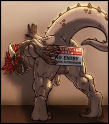 anthro argonian ass backsack balls bent_over biceps big_muscles black_border border brown_background claws cockblock fangs feet glowing glowing_eyes green_skin grey_skin grin hair half-erect hi_res horn humanoid_penis male male_only muscular neodokuro nude open_mouth pecs penis pose raised_tail rear_view red_hair red_skin reptile scales scalie shadow sharp_teeth sign simple_background smile solo standing tagg teasing teeth the_elder_scrolls thick_tail toe_claws video_games yellow_eyes