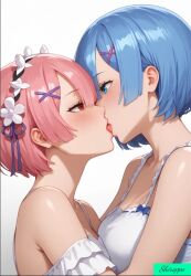 ai_generated blue_eyes blue_hair blush french_kiss fully_clothed incest kissing pink_hair ram_(re:zero) re:zero_kara_hajimeru_isekai_seikatsu red_eyes rem_(re:zero) simple_background sisters tongue twincest twins yuri