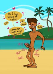 1boy beach beard big_penis blush brown_hair dialogue gay grabbing_penis jacking_off male_only masturbation naked nude onomatopoeia orgasm outside penis reality_resort skullsour solo sweat text toony vijay_kumar yaoi