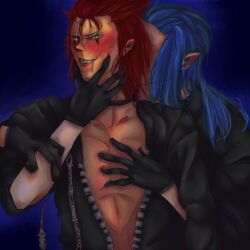 2boys 69iq axel_(kingdom_hearts) bare_chest black_clothing black_gloves blue_hair blush blushing_at_viewer blushing_male blushing_profusely fondling gay gloves holding holding_face hug kingdom_hearts lighting long_hair looking_at_viewer male male_only no_visible_genitalia pale-skinned_male pale_skin pointy_ears puffy_cheeks red_hair restrained saix scowl struggling teal_eyes touching turquoise_eyes