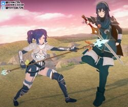 2girls 3d armor bare_thighs blocking blue_eyes blue_hair boots breastplate breasts brown_eyes cape cynthia_(fire_emblem) elbow_gloves evil_grin evil_smile falchion_(fire_emblem) fefreak726 female female_only fight fighting_stance fingerless_gloves fire_emblem fire_emblem_awakening garter_straps gloves grin hair_between_eyes long_hair lucina_(fire_emblem) medium_breasts multiple_girls nintendo open_mouth outdoors pantyhose raised_eyebrow short_hair shoulder_pads siblings sidelocks sisters smile smug spear standing sword symbol-shaped_pupils thigh_boots thighhighs thighs tiara twintails weapon