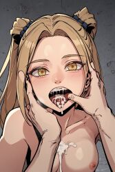 ai_generated blonde_hair ceremon_vaughan cum cum_in_mouth cum_on_breasts cum_on_tongue finger_in_mouth hero_killer open_mouth rachel_sinclair semen semen_in_mouth semen_on_tongue webtoon yellow_eyes