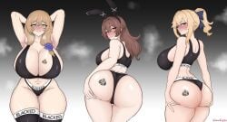 3girls amber_(genshin_impact) armpits arms_above_head ass blacked blacked_clothing blonde_hair blue_eyes blush bra breasts brown_hair brunette bunny_ears daruko536 female_only genshin_impact grabbing_ass grabbing_own_ass green_eyes jean_gunnhildr large_ass large_breasts lifting_ass lisa_(genshin_impact) orange_eyes panties ponytail queen_of_spades spade_tattoo steam steamy tattoo thick_thighs thighhighs thighs