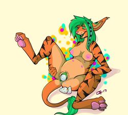 anthro big_belly birth cabbit egg egg_laying feline female green_hair green_pussy hair hybrid kouji lagomorph mammal multi_nipple nipples panting pregnant pussy quicknick rabbit spread_legs spreading striped_tongue