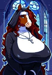 ai_generated anthro anthro_female anthro_horse blue_eyes brown_fur brown_hair clothed cross_necklace curly_hair draft_horse furry_focus furry_only giant_brests habit head_covering horse horse_girl large_breasts long_hair looking_at_viewer majorfluffy mature_anthro mature_female novelai nun nun_clothing pixel_art red_hair religious smile tagme wavy_hair white_fur