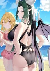 2girls ass back_view beach big_breasts bikini blonde_hair blush blush_lines breasts detailed_background green_eyes green_hair hands_on_hips hat kuma_xylocopa light-skinned_female long_hair looking_back marisa_kirisame mature_female mima pointy_ears sand sky smile thick_thighs thighs touhou touhou_(pc-98) water wings yellow_eyes