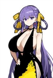 1girls ai_generated alternate_version_available bare_shoulders bb_dubai_(fate) black_dress breasts_bigger_than_head cleavage clothed clothed_female clothing dress earrings fate/grand_order fate_(series) female female_only hair_ribbon hair_ribbons hand_on_hip hand_on_own_hip heart_earrings huge_breasts light-skinned_female light_skin light_skinned_female long_hair purple_eyes purple_hair solo solo_female yellow_hair_ribbon