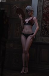 3d bra breasts ciri green_eyes high_heels looking_at_viewer mask masked_female missally panties scar solo the_witcher_(series) the_witcher_3:_wild_hunt underwear white_hair