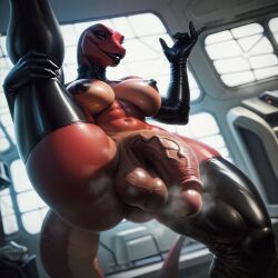 ai_generated balls breasts futanari latex leg_raise lipstick muscular penis reptile reptile_humanoid scalie science_fiction spaceship_interior thighhighs