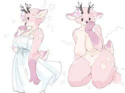 5_fingers anthro antlers big_breasts blush breasts cherry_blossom clothing crotch_tuft deer dress female fingers flower fur fur_markings hi_res horn kame_3 mammal markings multicolored_body multicolored_fur nipples nude pink_body pink_fur plant prunus_(flower) short_tail simple_background solo sundress tail tuft