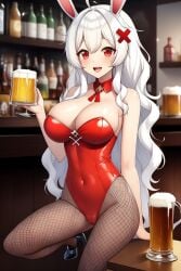 1girls ai ai_generated ai_hands alufliniy beer bunny_costume bunny_ears bunnysuit busty erispheria female female_only hair_ornament hand_holding hispanic_virtual_youtuber leotard long_hair red_eyes smile twitch virtual_youtuber vtuber white_hair youtube youtube_hispanic