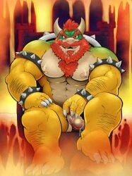 2024 abs anthro arm_hair armband beard biceps bodily_fluids body_hair boner bowser bowser_day bracelet chair chest_hair claws deltoids dripping erection evil_grin facial_hair fire forearm_hair forearms furniture genital_fluids genitals grin grinning_at_viewer hair hairy hand_on_leg hi_res horn jewelry koibitohw koopa lava leg_hair looking_at_viewer male male_only manly mario_(series) mature_male moustache muscular muscular_arms muscular_legs nintendo nipples nude pecs penis precum precum_drip raised_knee red_hair scalie sitting smile solo solo_male spiked_armband spiked_bracelet spikes throne triceps