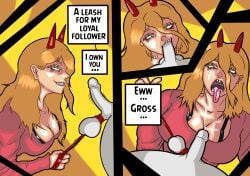 big_breasts blonde_female blonde_hair blowjob blowjob_face chainsaw_man cleavage clothed clothed_female_nude_male clothed_sex cock_and_ball_torture comic cum cum_drip cum_in_mouth cum_on_body cum_on_breasts cum_on_face dominant_female english english_text fellatio femdom horn horns leash leash_pull open_mouth power_(chainsaw_man) sharp_teeth smug smug_face teeth teeth_showing tied_up tsuman_(artist) yellow_eyes