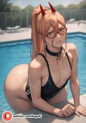 1girls ai_generated ass big_ass blonde_hair breasts chainsaw_man collar flat_chest glasses horns nipples nugoai ponytail pool power_(chainsaw_man) swimsuit water