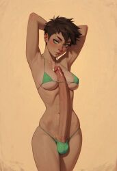 1futa ai_generated arms_up autopaizuri balls_in_panties bikini broskybro brown_hair cum_on_face cum_on_self freckles futanari gigantic_penis green_eyes handsfree_paizuri light-skinned_futanari light_skin looking_at_viewer medium_breasts micro_bikini penis precum solo tomboy