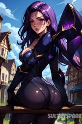 1girls ai_generated artist_name ass ass_focus breasts butt_focus character female futarush kai'sa league_of_legends league_of_legends:_wild_rift looking_at_viewer looking_back looking_back_at_viewer medium_breasts outdoors patreon patreon_username purple_eyes purple_hair riot_games sultryspark thick_ass video_game video_games