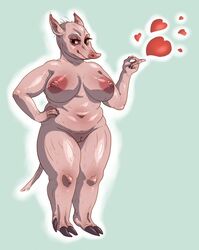 2015 5_fingers areola babirusa bedroom_eyes belly big_areola big_breasts biped black_eyes black_hooves breasts cloven_hooves deep_navel ears_back eyelashes female front_view full-length_portrait green_background hairless half-closed_eyes hand_on_hip heart hooves huge_breasts humanoid_hands inverted_nipples kuhankeittaja looking_away love_handles mammal navel nipples nude overweight overweight_female pig_nose pink_areola pink_nipples pink_nose pink_skin pink_tail pointing porcine portrait pussy seductive shaved_pussy shiny simple_background smile solo standing thick_thighs