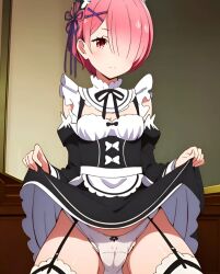 3d ai_generated panchira panties pantsu pink_eyes pink_hair ram_(re:zero) re:zero_kara_hajimeru_isekai_seikatsu white_panties